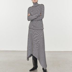 CHICJOC Women Italian SUPER 120S fine wool jacquard asymmetrical midi sk…